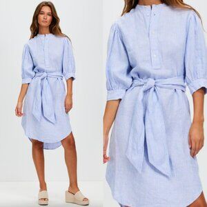 🦋 POLO RALPH LAUREN Linen Shirt Dress Blue Striped Waist Tie 12 Casual Beachy